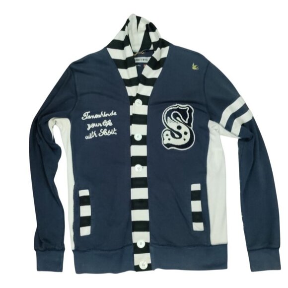 Sabit NYC Black And White Striped Trim Navy Blue Button Front Cardigan Men's XL - Picture 2 of 16